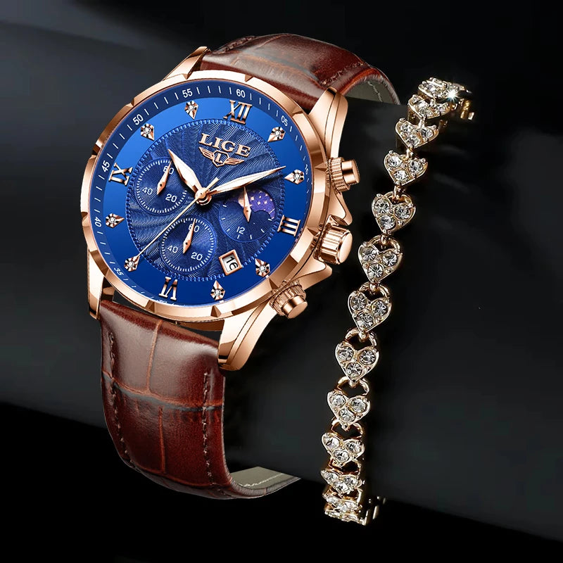Relógio Feminino LIGE Quartzo Elegante | Diamante | Couro | Calendário | 6 Cores