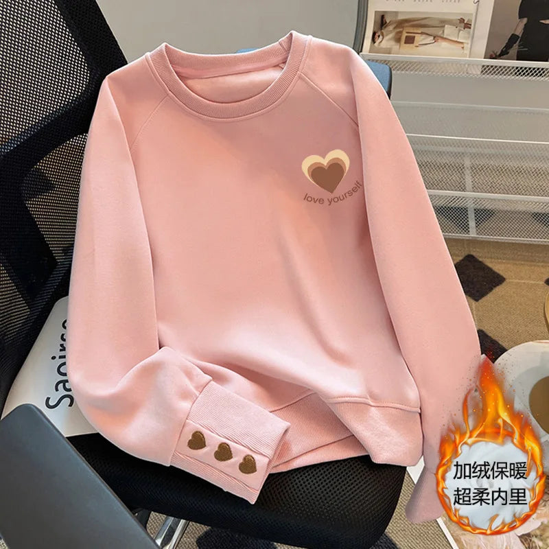 Moletom Feminino Gola Redonda Cor Sólida – Solto Casual Outono Inverno