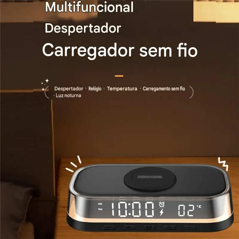 Carregador Sem Fio 15W Multifuncional - Relógio Despertador, Termômetro e Luz Noturna