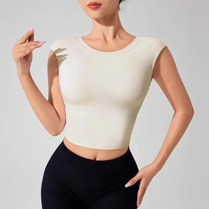 Blusa Fitness Feminina Costas Abertas - Top Yoga Academia com Bojo Manga Curta Dança Esportiva