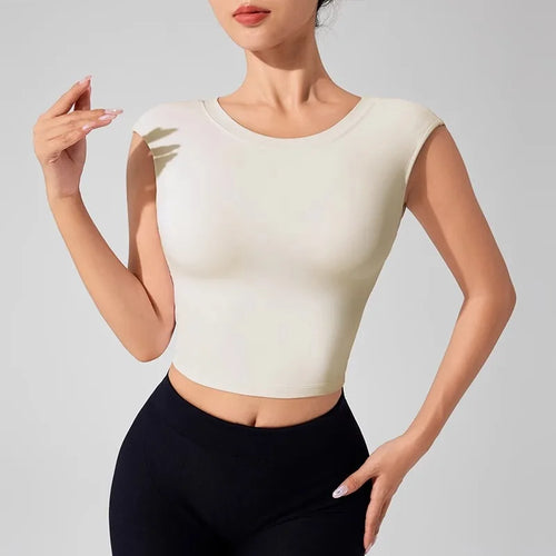 Blusa Fitness Feminina Costas Abertas - Top Yoga Academia com Bojo Manga Curta Dança Esportiva