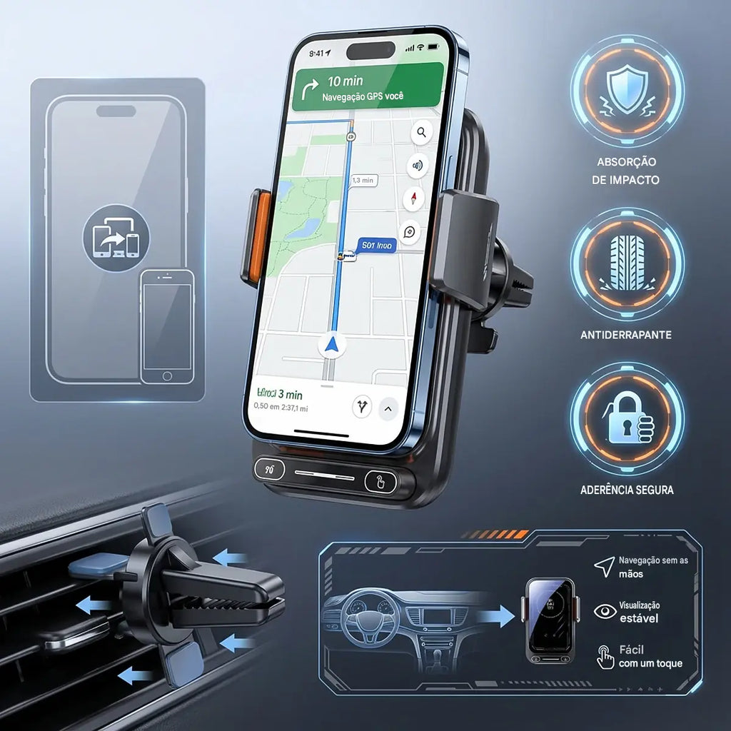 Suporte Carregador Veicular 15W Wireless e Com Fio - Sensor Automático Rotação 360° Qi Certificado