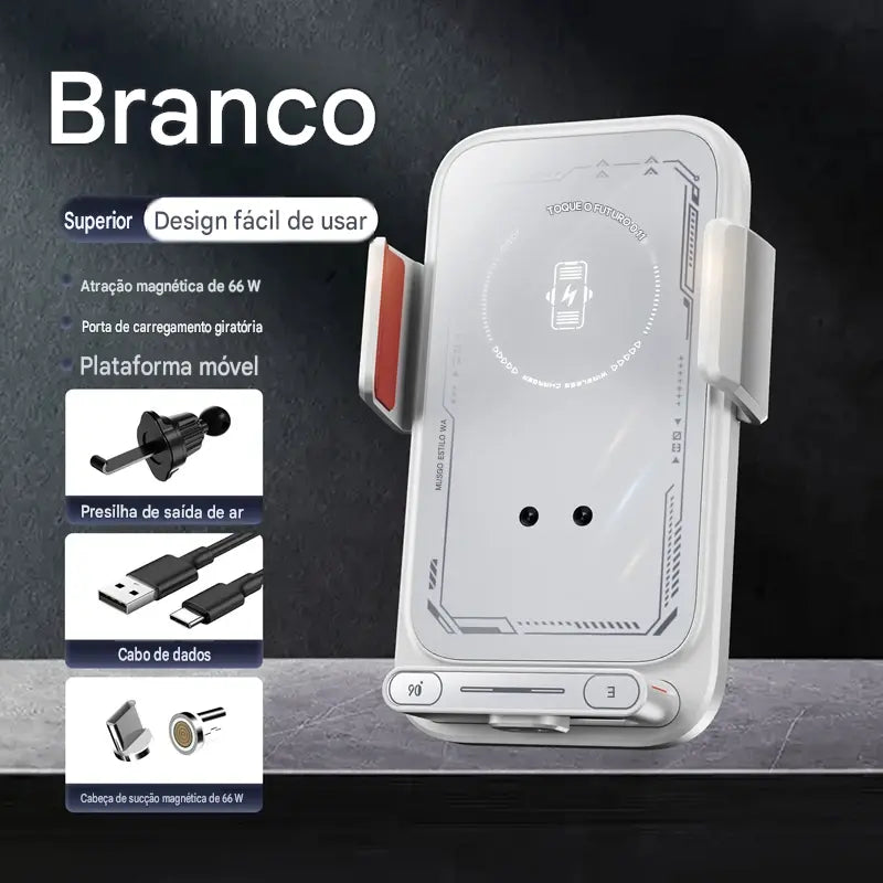 Suporte Carregador Veicular 66W Wireless e Com Fio - Sensor Automático Rotação 360° Qi Certificado