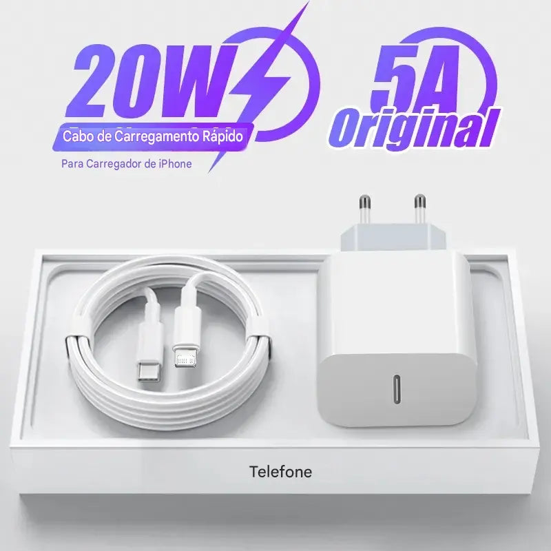 Carregador USB-C 20W PD - Carregamento Rápido para iPhone 15 14 13 Pro Max