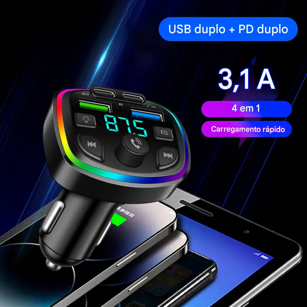 Transmissor FM Bluetooth para Carro com Carregador Sem Fio - Viva-Voz e Adaptador MP3 Dual USB