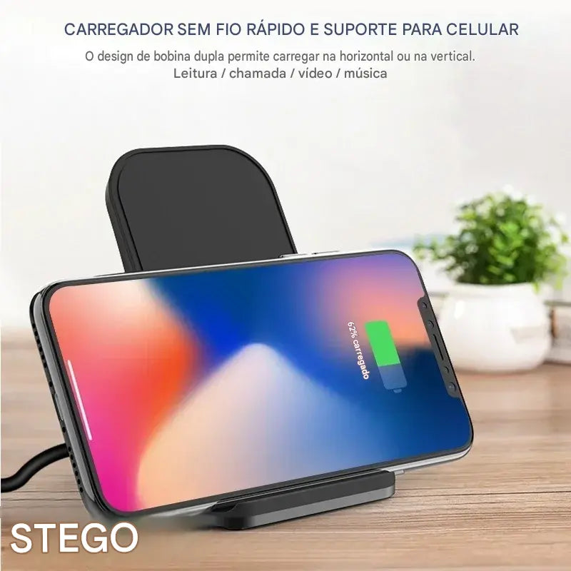Suporte Carregador Wireless Qi 10W 7.5W 5W - Base de Carregamento Rápido 2 Bobinas Antiderrapante