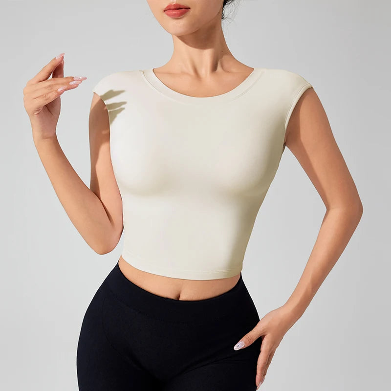Blusa Fitness Feminina Costas Abertas - Top Yoga Academia com Bojo Manga Curta Dança Esportiva