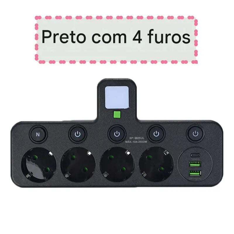 Tomada de Parede Multifuncional com Carregador Sem Fio - 3 Tomadas AC, 2 USB e Type-C