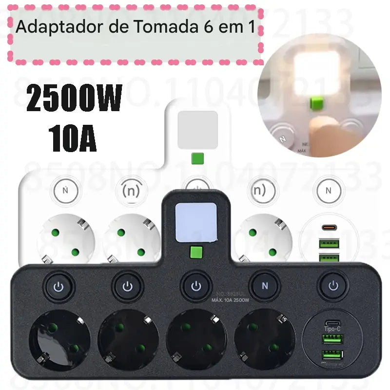 Tomada de Parede Multifuncional com Carregador Sem Fio - 3 Tomadas AC, 2 USB e Type-C