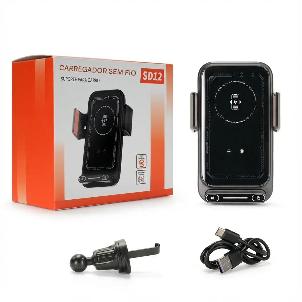 Suporte Carregador Veicular 15W Wireless e Com Fio - Sensor Automático Rotação 360° Qi Certificado