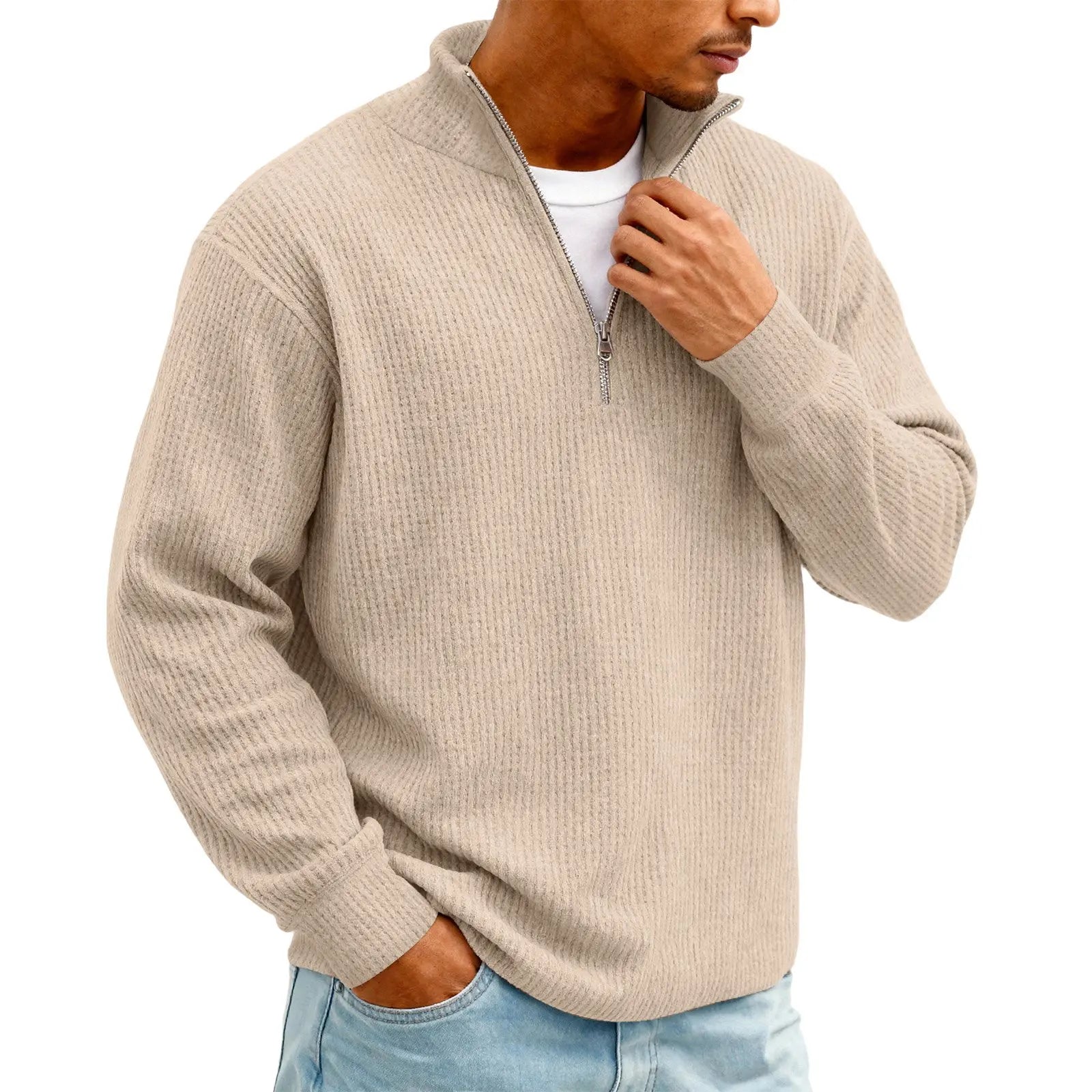 Camisa Masculina Manga Longa Ziper Gola Polo Waffle – Casual Solto Plus Size