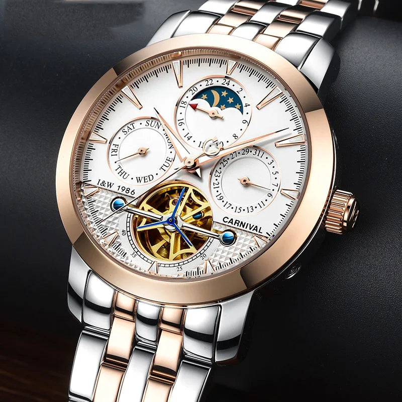 Relógio CARNIVAL Tourbillon Automático - Skeleton Fase Lunar 3ATM Aço Inoxidável Business