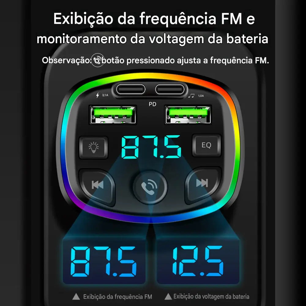 Transmissor FM Bluetooth para Carro com Carregador Sem Fio - Viva-Voz e Adaptador MP3 Dual USB