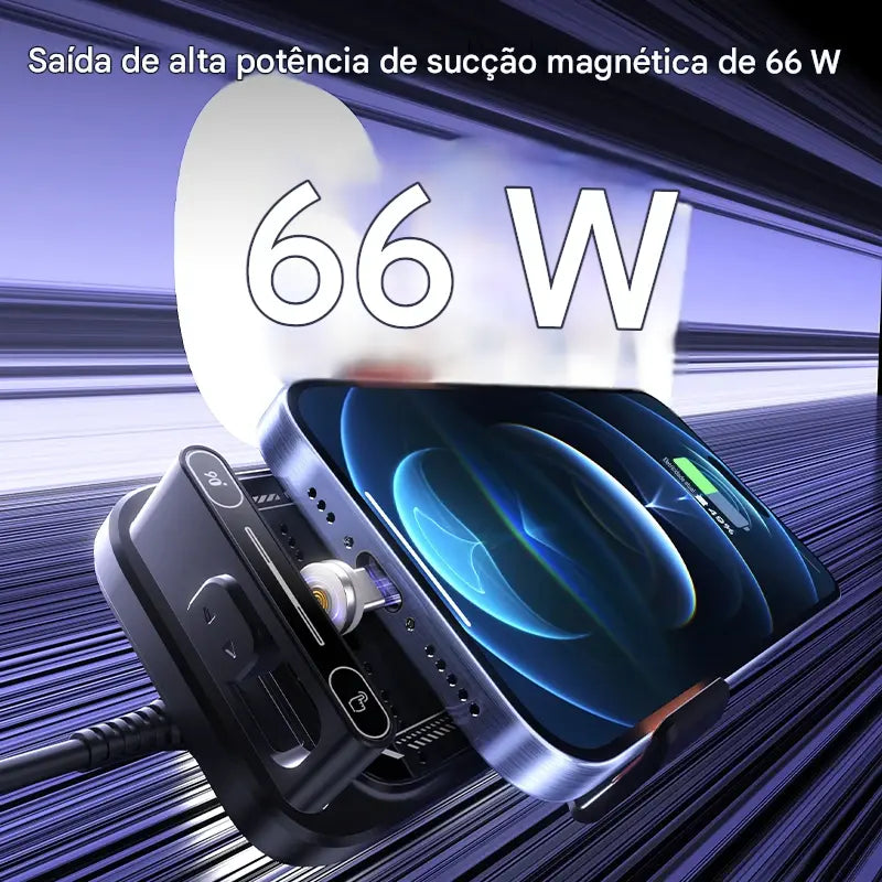 Suporte Carregador Veicular 66W Wireless e Com Fio - Sensor Automático Rotação 360° Qi Certificado