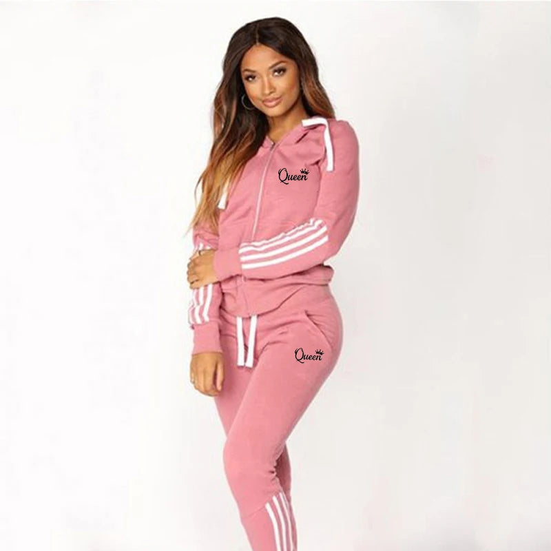 Conjunto Feminino Moletom Listrado - Moletom com Capuz e Calça Jogger Casual Outono Inverno