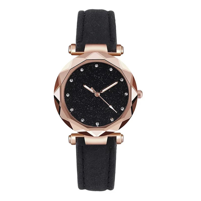 Relógio Feminino Starry Sky - Pulseira de Couro Strass Quartzo Casual