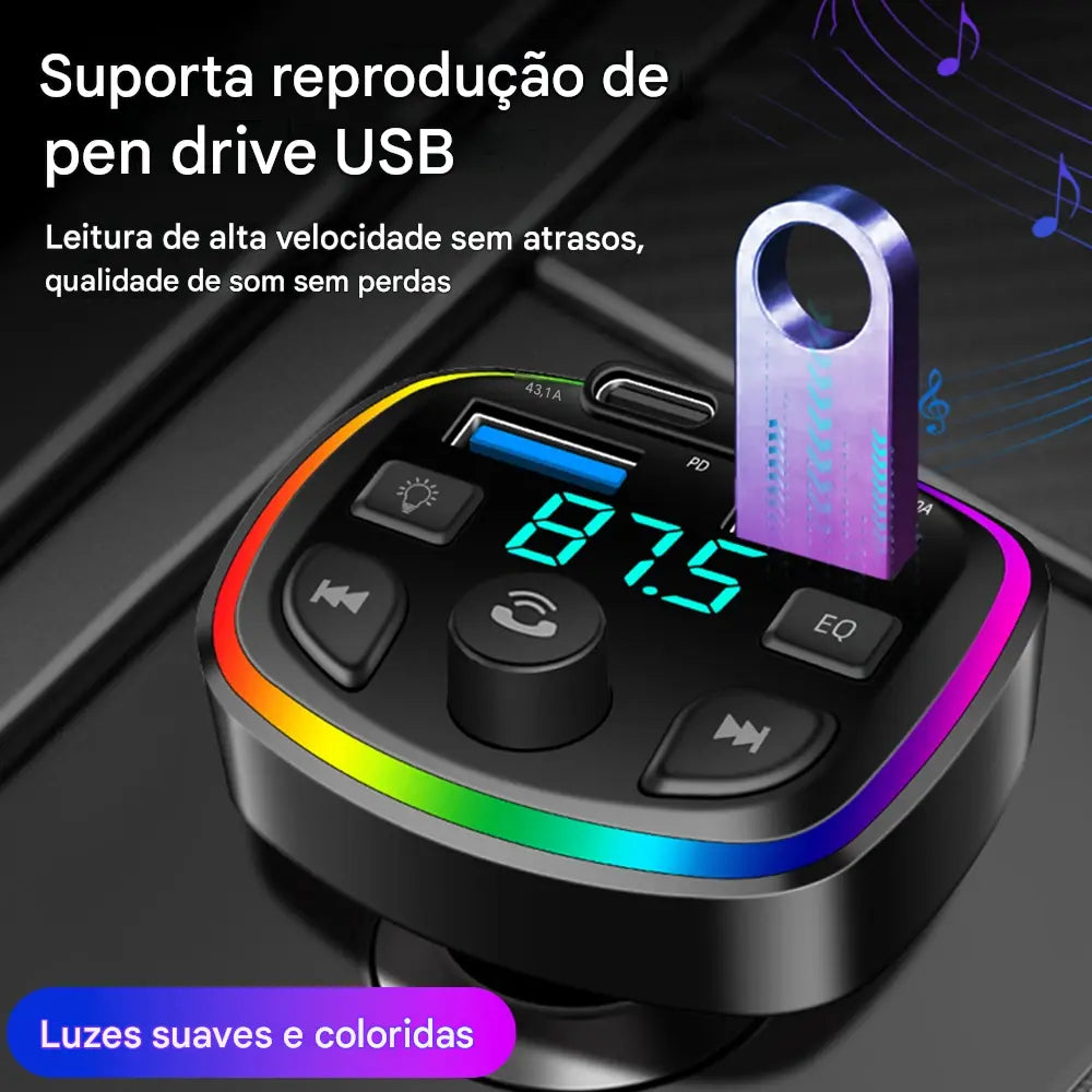 Transmissor FM Bluetooth para Carro com Carregador Sem Fio - Viva-Voz e Adaptador MP3 Dual USB