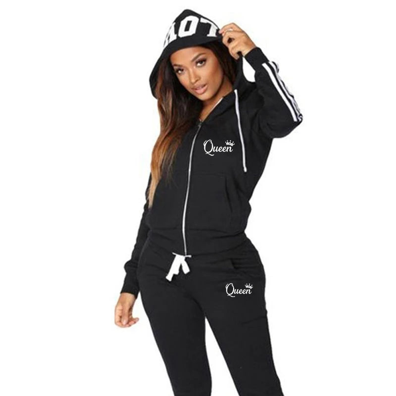 Conjunto Feminino Moletom Listrado - Moletom com Capuz e Calça Jogger Casual Outono Inverno