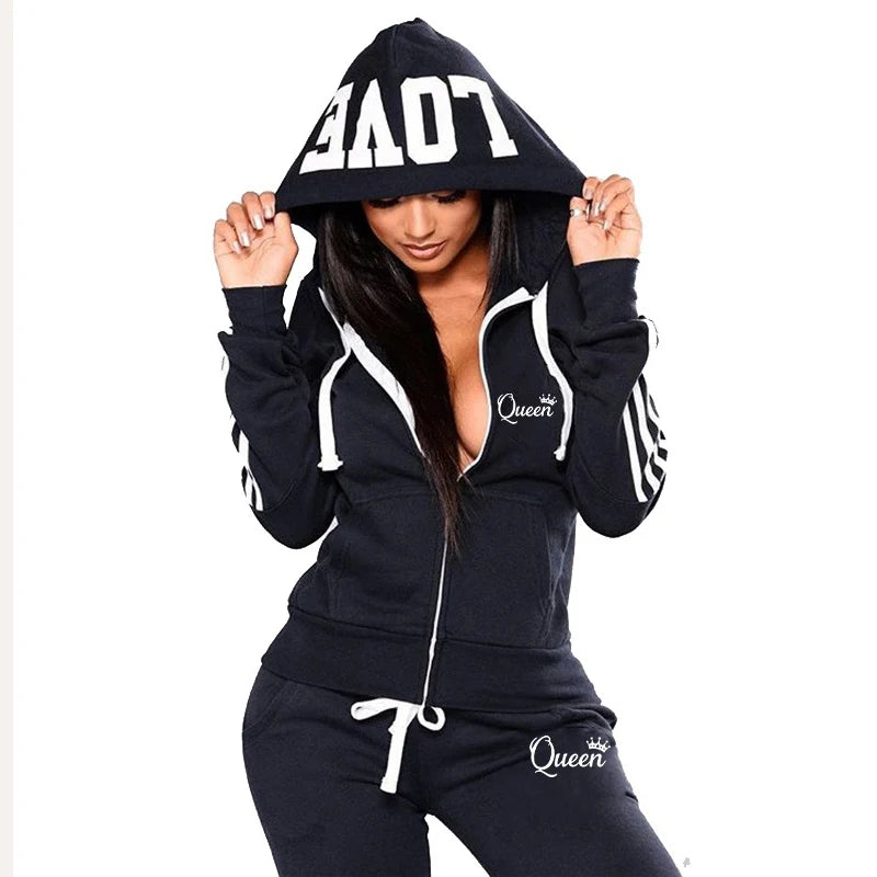 Conjunto Feminino Moletom Listrado - Moletom com Capuz e Calça Jogger Casual Outono Inverno