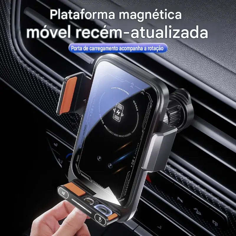 Suporte Carregador Veicular 66W Wireless e Com Fio - Sensor Automático Rotação 360° Qi Certificado