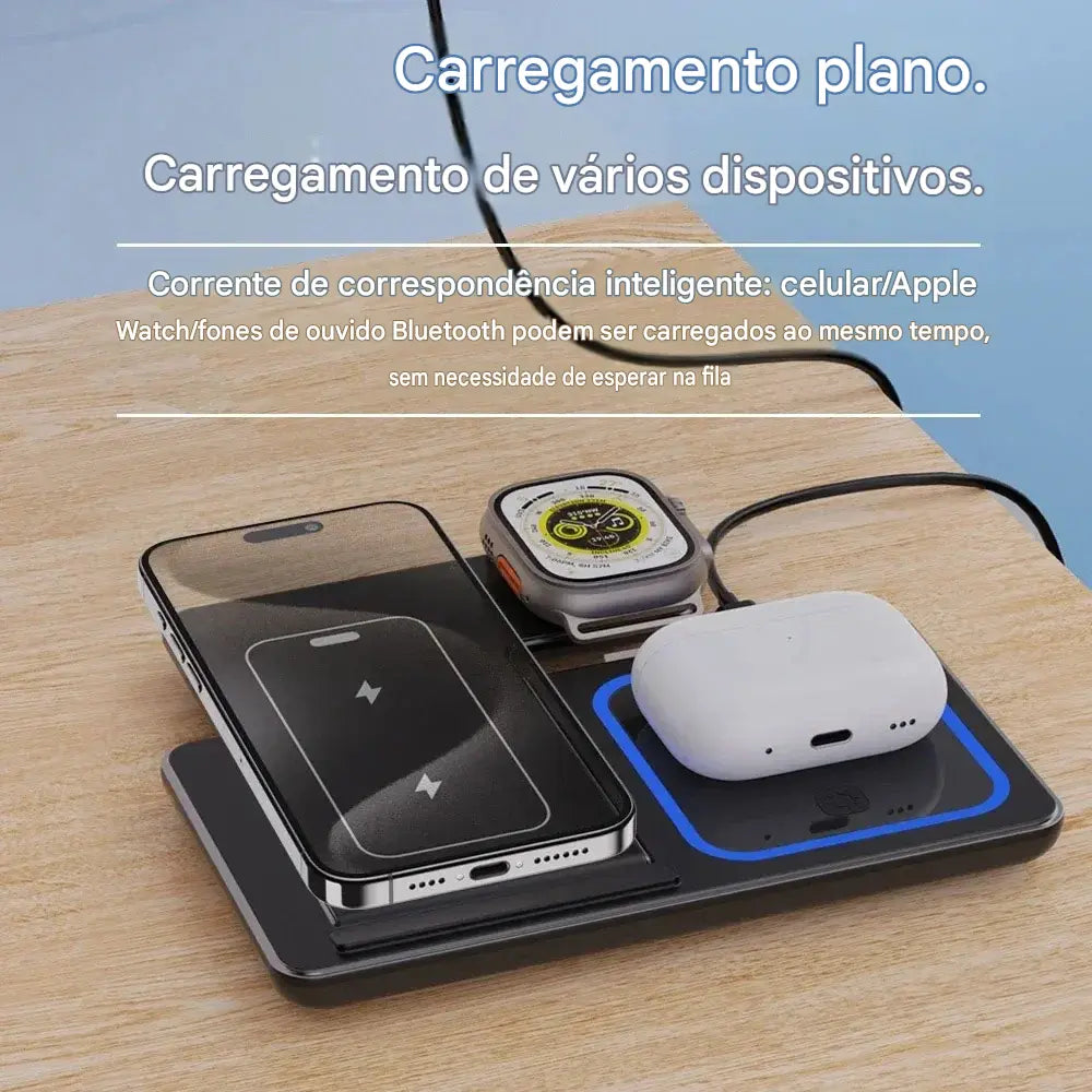 Carregador Sem Fio 3 em 1 Dobrável - Suporte de Mesa com LED 15W para Celular, Smartwatch e Fones