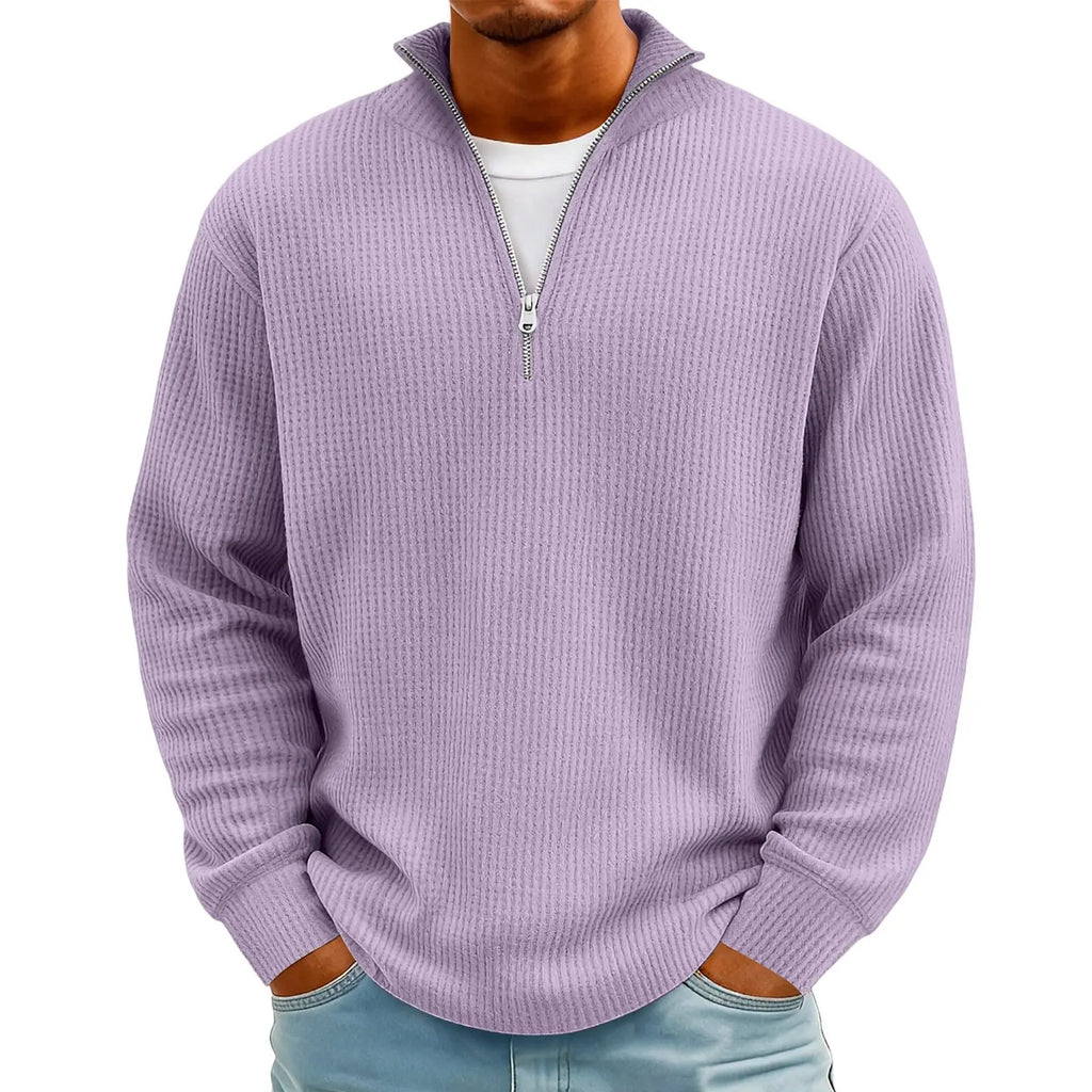 Camisa Masculina Manga Longa Ziper Gola Polo Waffle – Casual Solto Plus Size