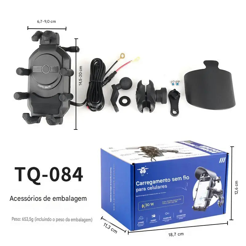 Suporte para Moto com Carregador Sem Fio e USB QC3.0 - Suporte de Guidão para Celular e GPS