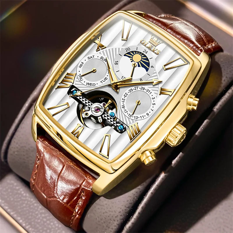 Relógio OLEVS Retangular Automático - Mecânico Tourbillon Fase Lunar 3ATM Couro Business