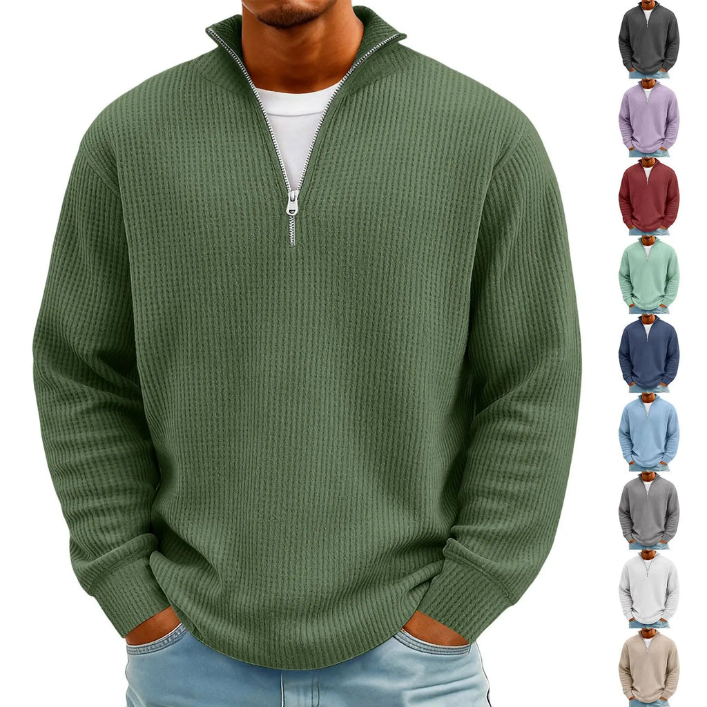 Camisa Masculina Manga Longa Ziper Gola Polo Waffle – Casual Solto Plus Size