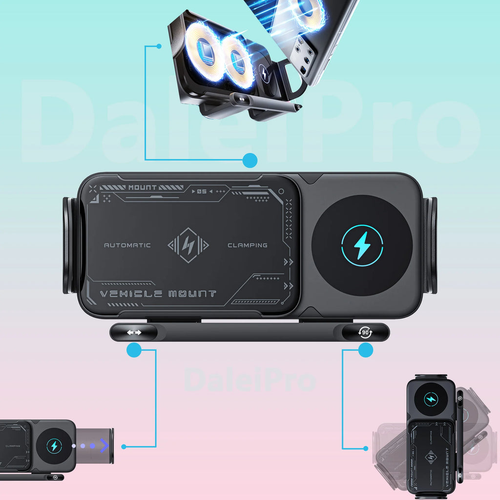 Suporte Veicular com Carregador Sem Fio e Rotação Elétrica 360° - Sensor Inteligente