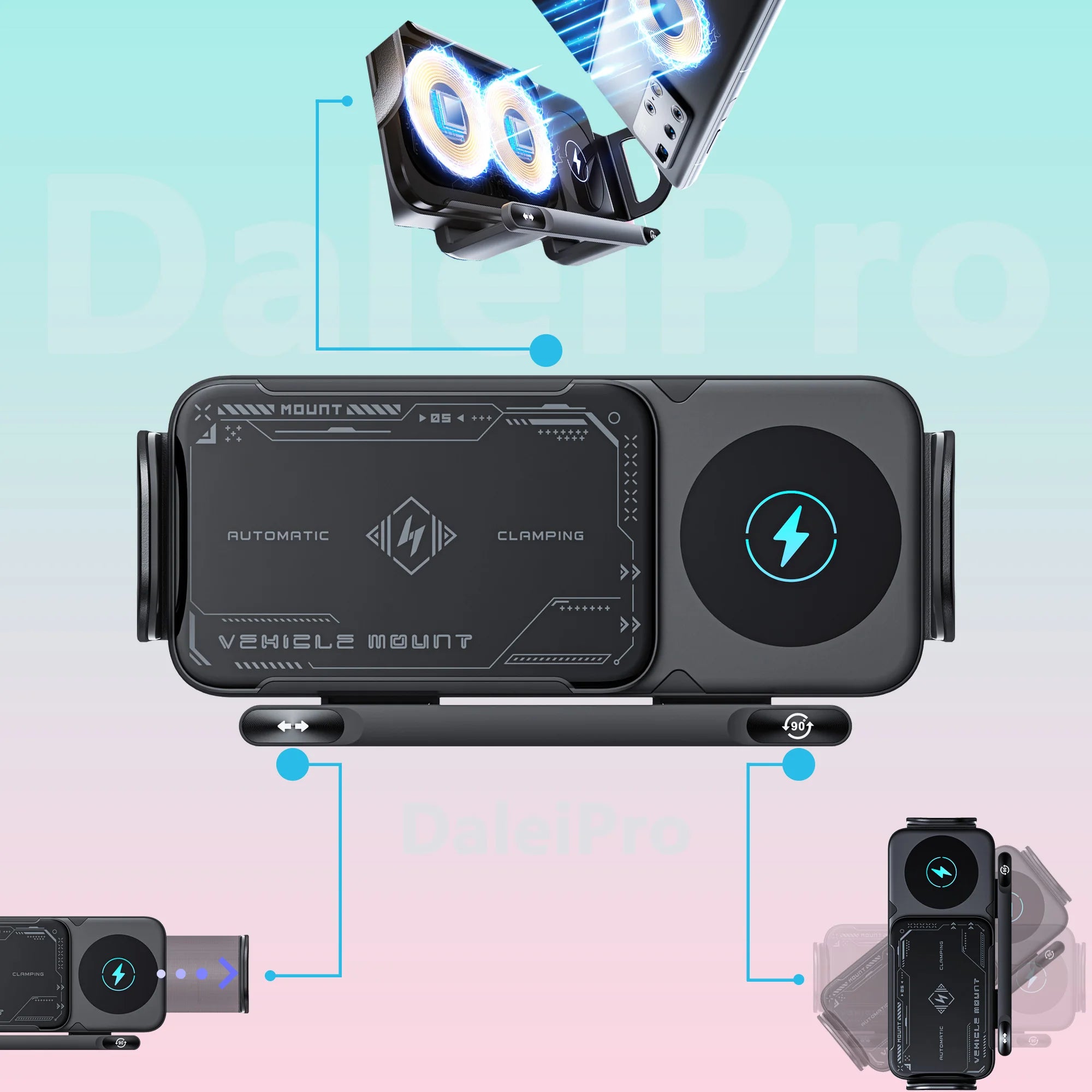 Suporte Veicular com Carregador Sem Fio e Rotação Elétrica 360° - Sensor Inteligente