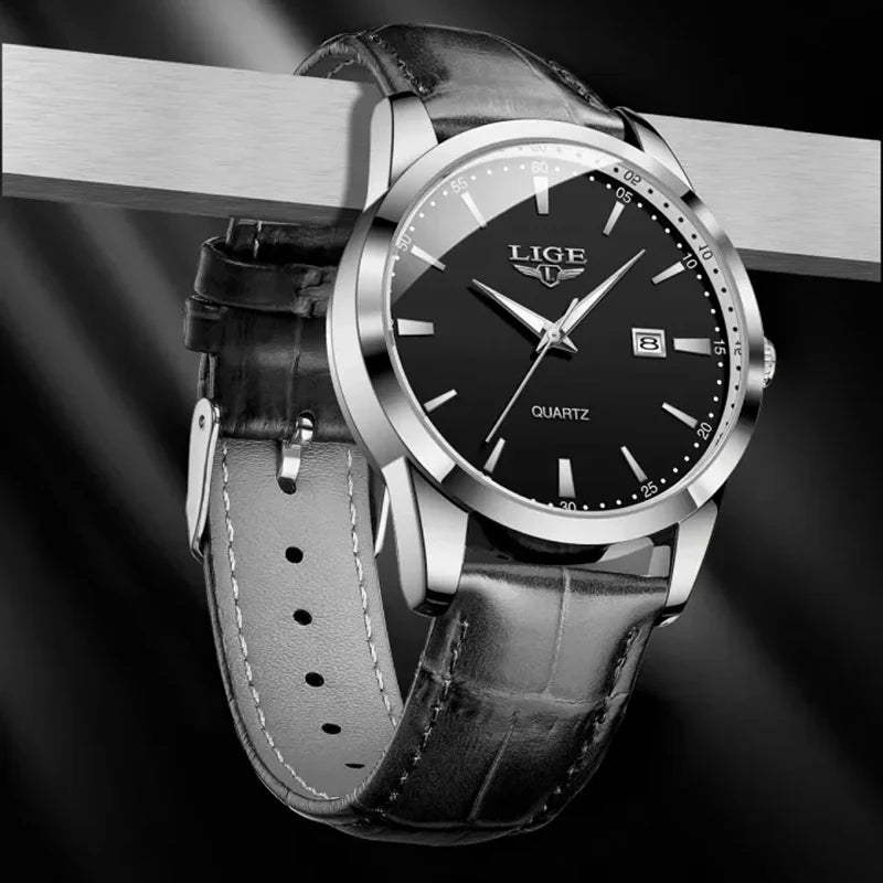 Relógio LIGE Couro Preto Military Sport - Quartzo 3ATM Cronógrafo Luminoso Casual