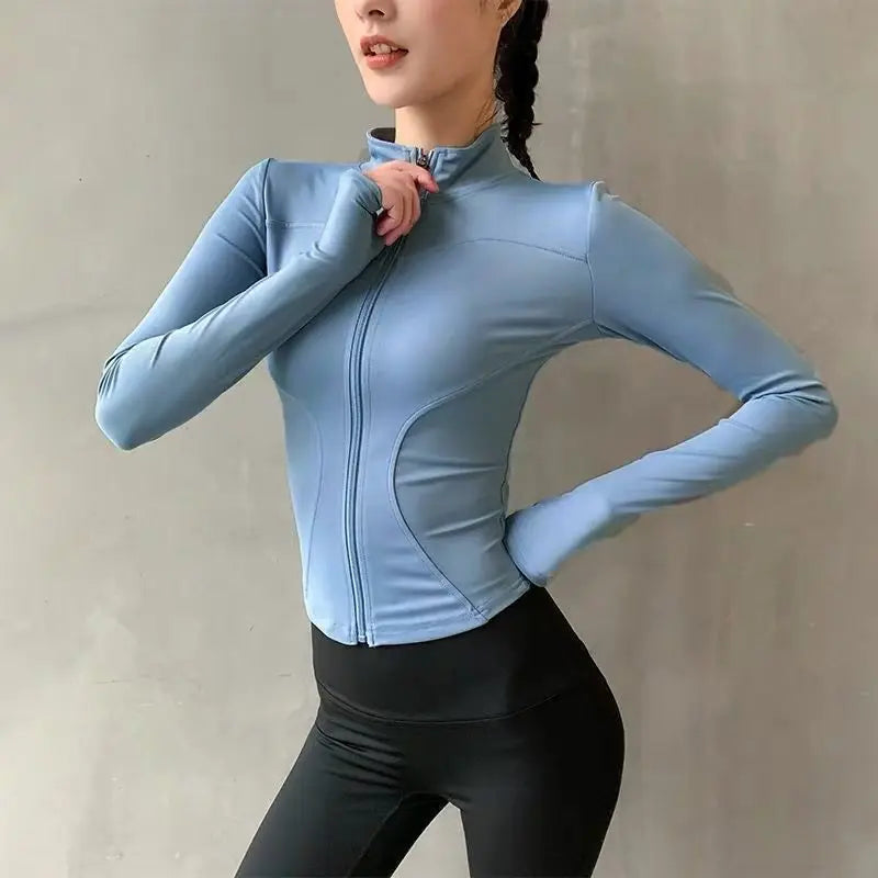 Jaqueta Esportiva Feminina Ziper Gola Alta Manga Longa – Yoga Treino Academia