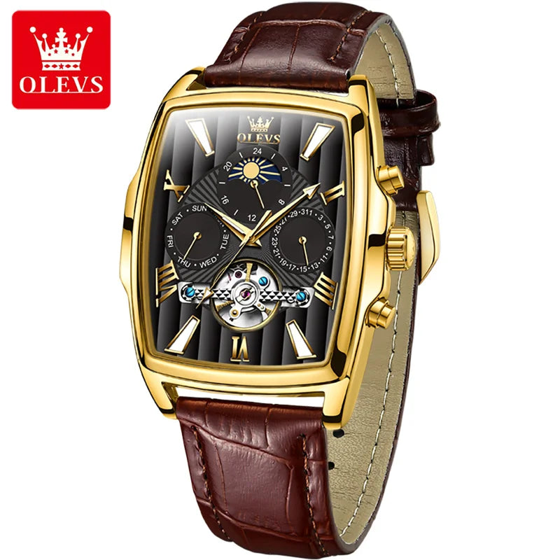 Relógio OLEVS Retangular Automático - Mecânico Tourbillon Fase Lunar 3ATM Couro Business