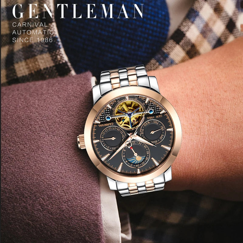 Relógio CARNIVAL Tourbillon Automático - Skeleton Fase Lunar 3ATM Aço Inoxidável Business