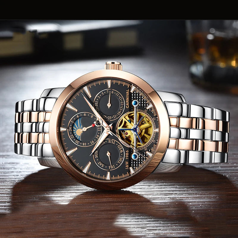 Relógio CARNIVAL Tourbillon Automático - Skeleton Fase Lunar 3ATM Aço Inoxidável Business