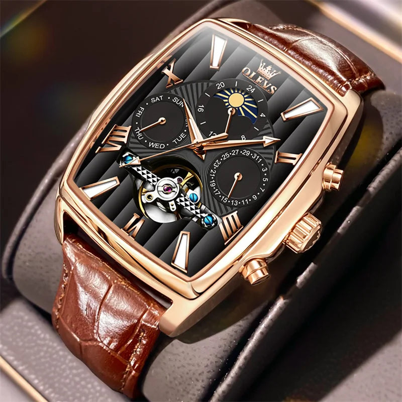 Relógio OLEVS Retangular Automático - Mecânico Tourbillon Fase Lunar 3ATM Couro Business