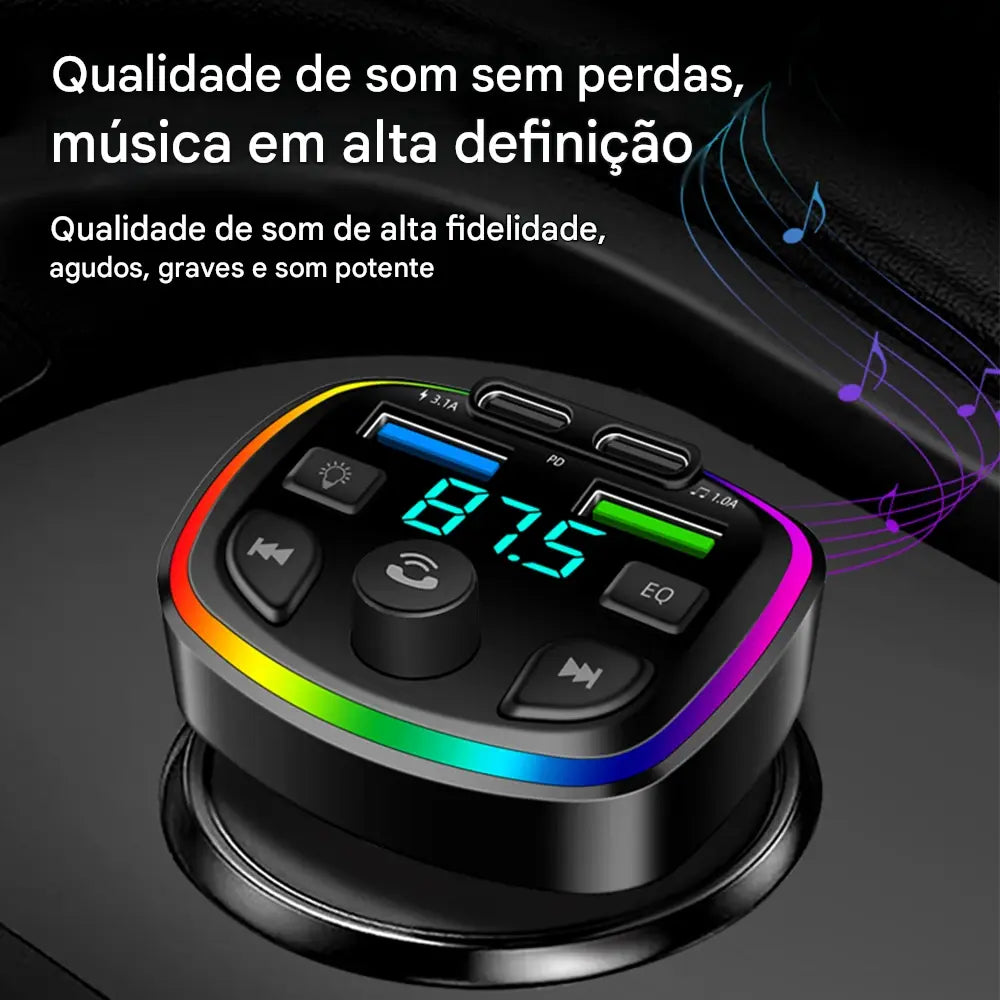 Transmissor FM Bluetooth para Carro com Carregador Sem Fio - Viva-Voz e Adaptador MP3 Dual USB