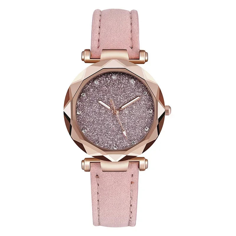 Relógio Feminino Starry Sky - Pulseira de Couro Strass Quartzo Casual