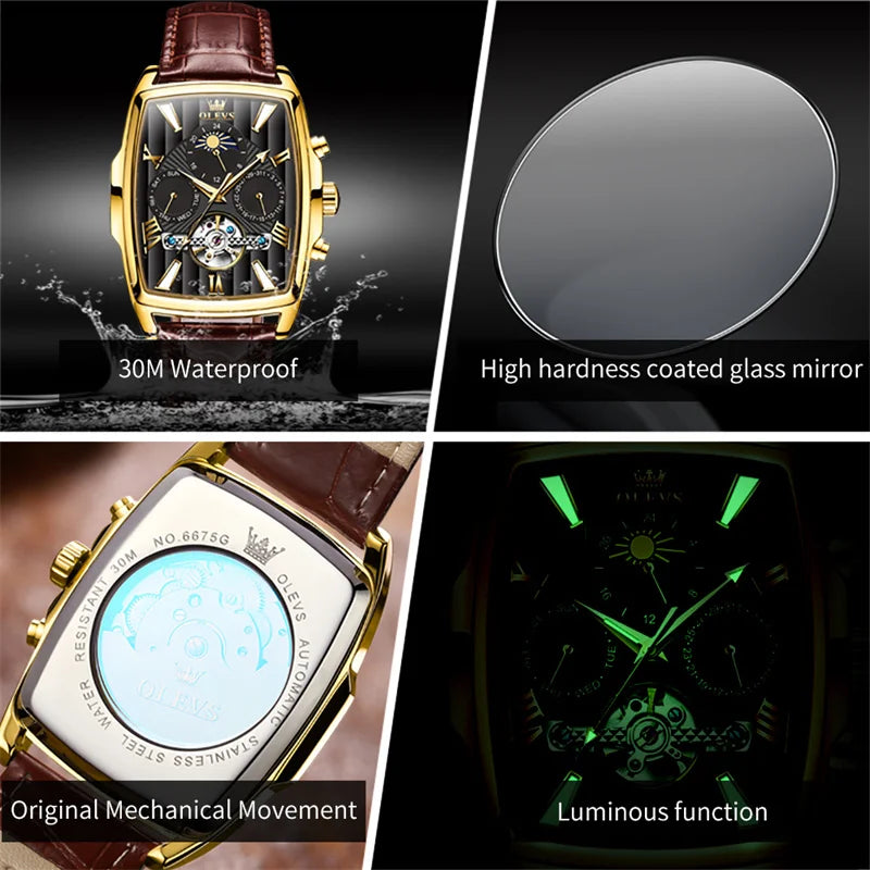 Relógio OLEVS Retangular Automático - Mecânico Tourbillon Fase Lunar 3ATM Couro Business