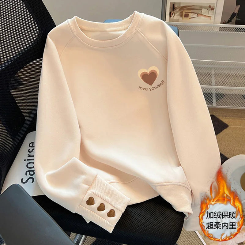 Moletom Feminino Gola Redonda Cor Sólida – Solto Casual Outono Inverno