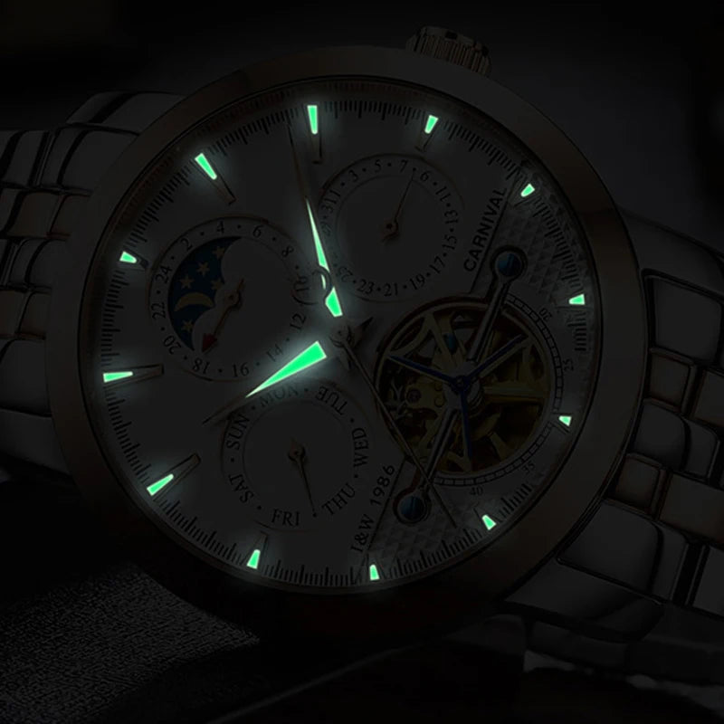 Relógio CARNIVAL Tourbillon Automático - Skeleton Fase Lunar 3ATM Aço Inoxidável Business