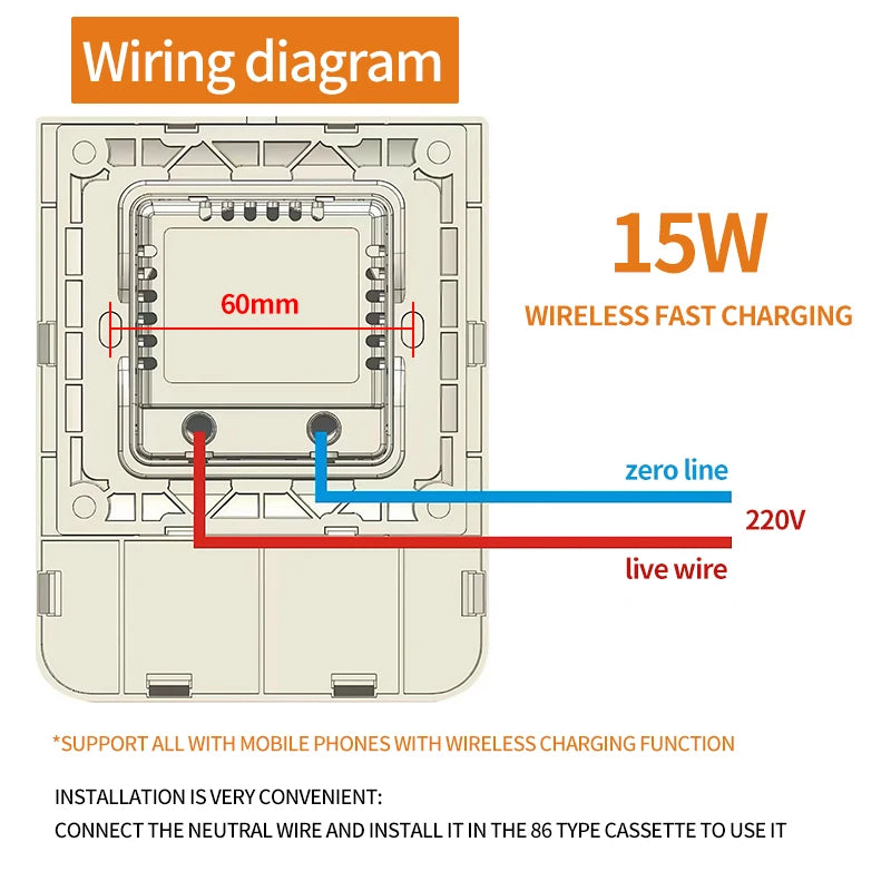 Carregador Sem Fio de Parede Embutido 15W - Painel Qi Universal 110-220V para iPhone e Android