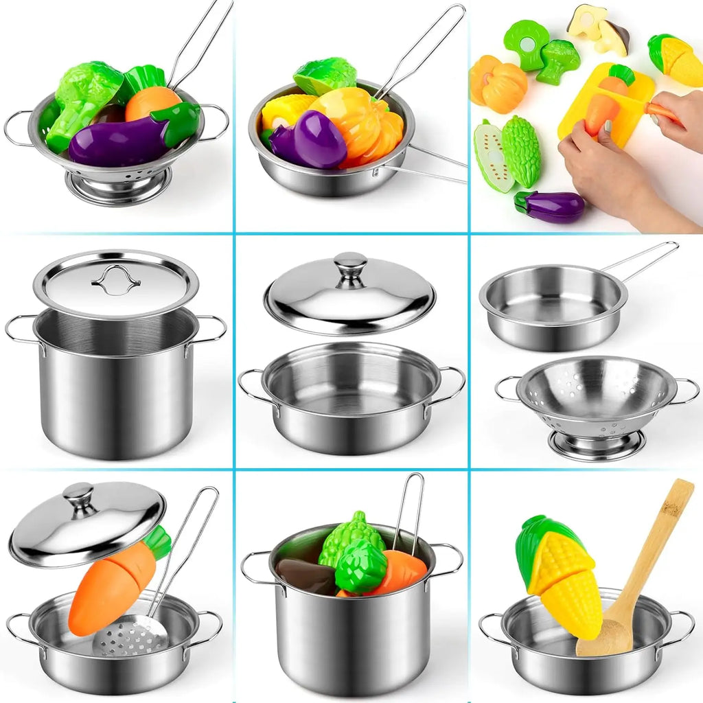 Kit Cozinha Infantil em Aço Inox - Brinquedo Educativo com Panelas e Utensílios