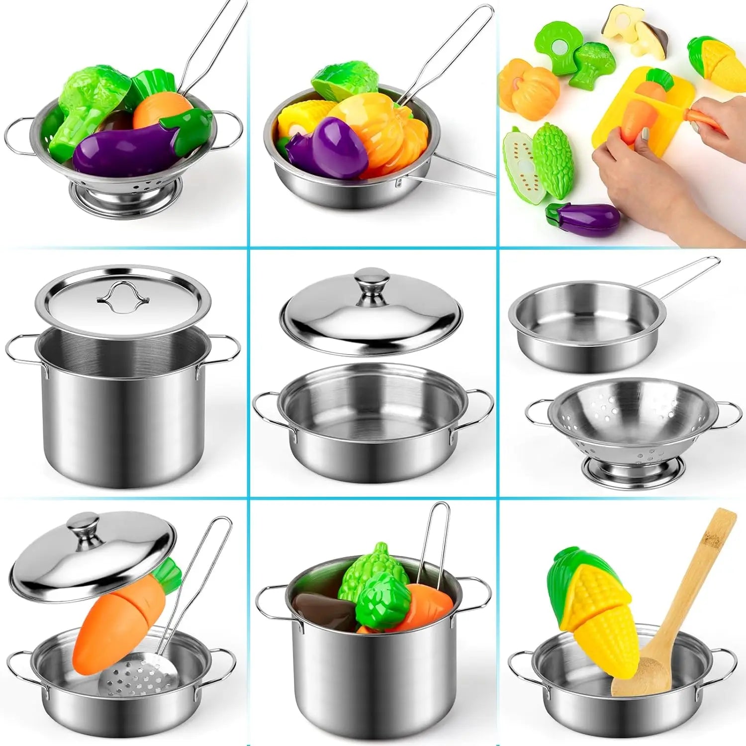 Kit Cozinha Infantil em Aço Inox - Brinquedo Educativo com Panelas e Utensílios