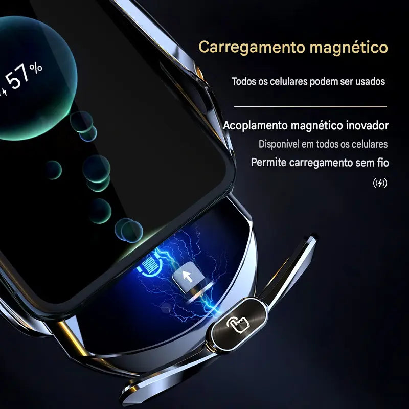 Suporte para Carro com Carregador Sem Fio e Sensor Triplo Inteligente - Fixação Magnética Automática