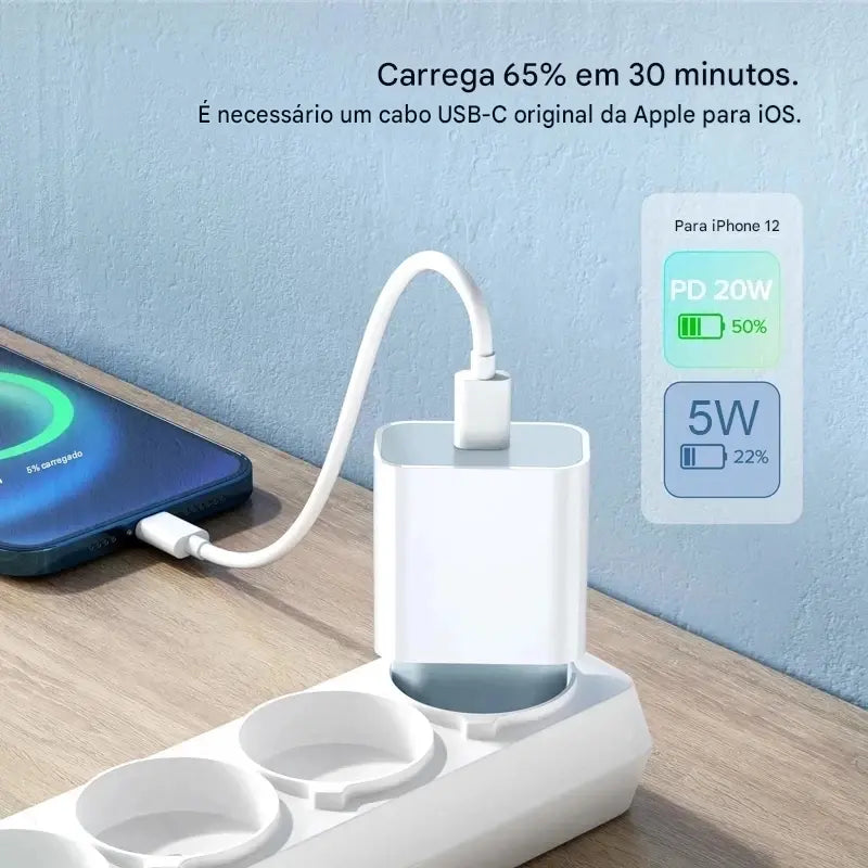 Carregador USB-C 20W PD - Carregamento Rápido para iPhone 15 14 13 Pro Max
