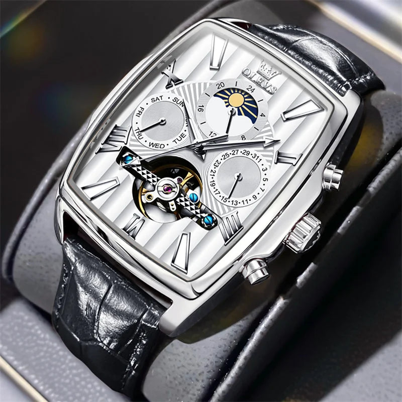Relógio OLEVS Retangular Automático - Mecânico Tourbillon Fase Lunar 3ATM Couro Business