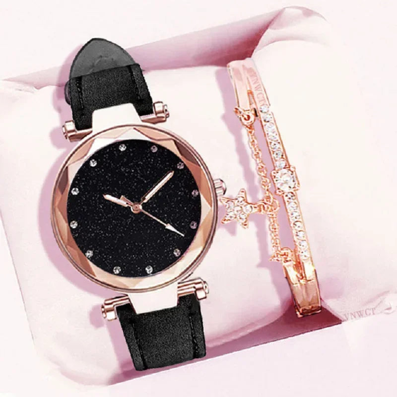 Relógio Feminino Starry Sky - Pulseira de Couro Strass Quartzo Casual