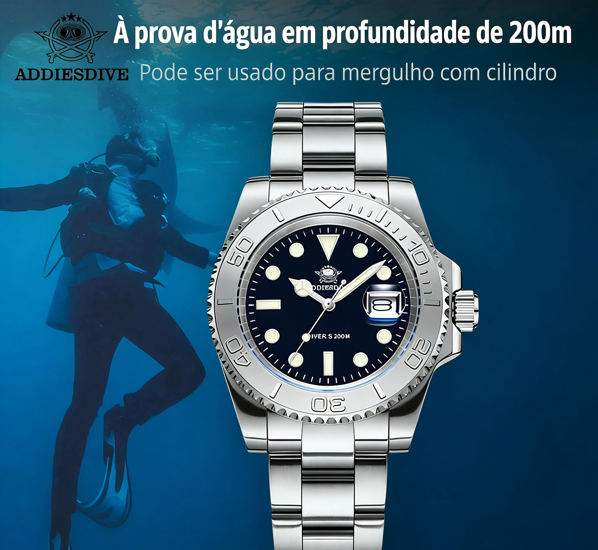 Relógio ADDIESDIVE Super Luminoso - Quartzo Miyota 20ATM Mergulho Aço 316L Business